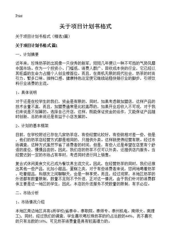 关于项目计划书格式3篇