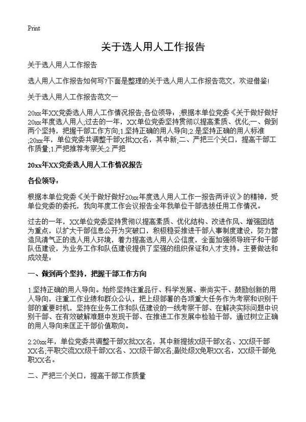 关于选人用人工作报告