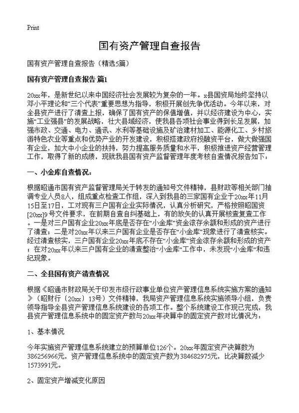 国有资产管理自查报告5篇