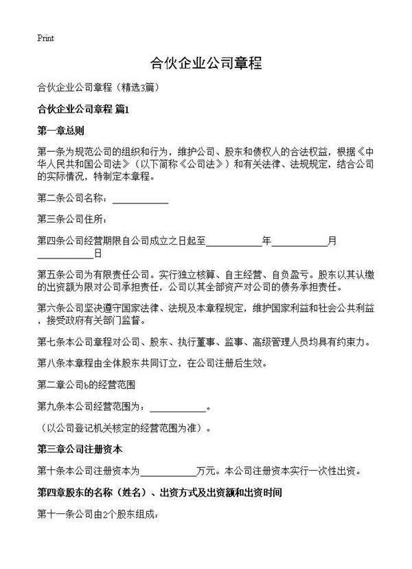 合伙企业公司章程3篇