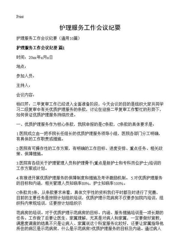 护理服务工作会议纪要10篇