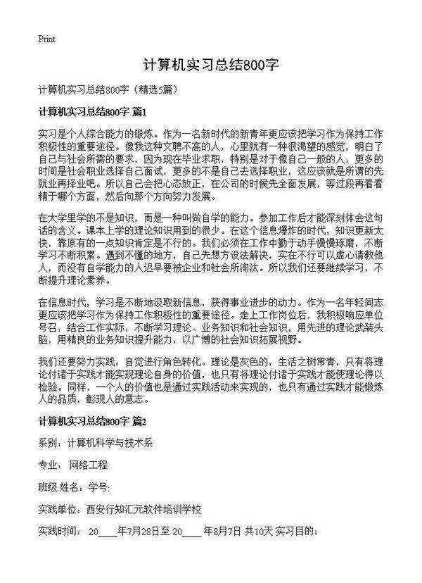 计算机实习总结800字5篇