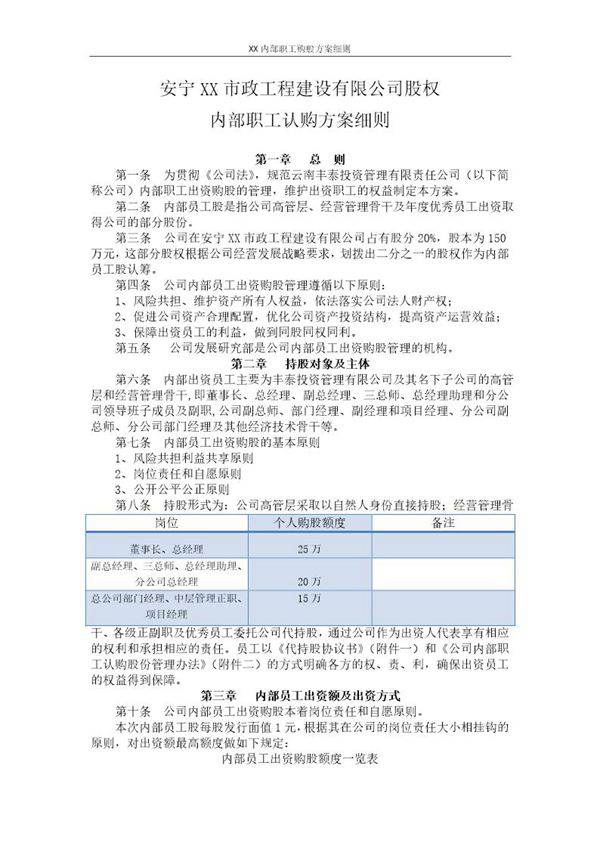 内部职工认购股权方案细则