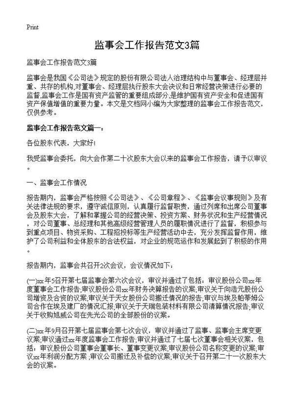 监事会工作报告范文3篇