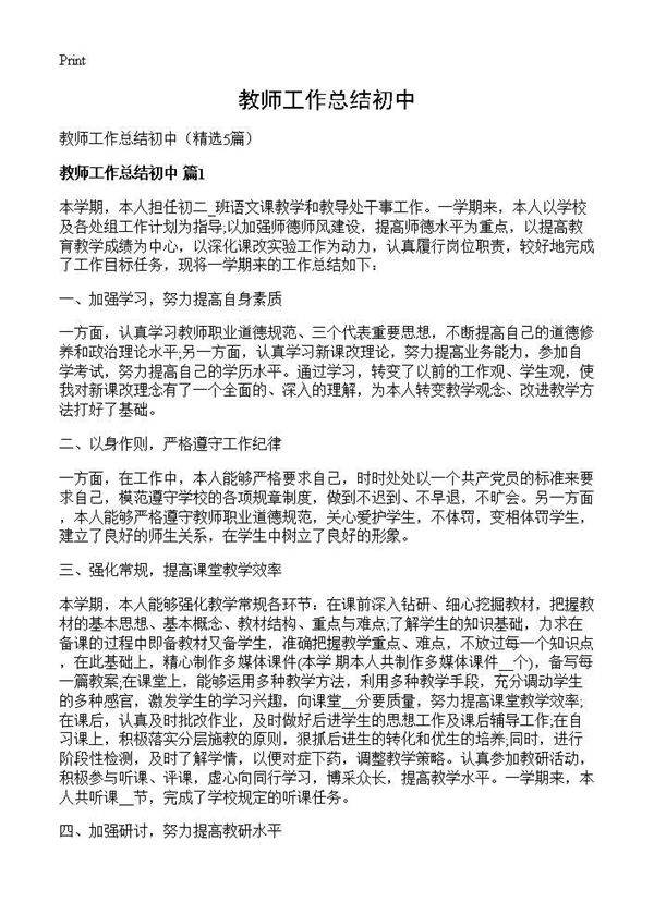 教师工作总结初中5篇