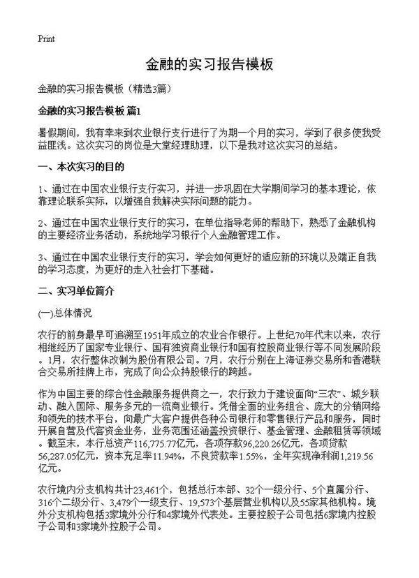 金融的实习报告模板3篇