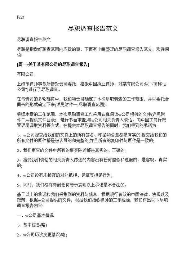 尽职调查报告范文