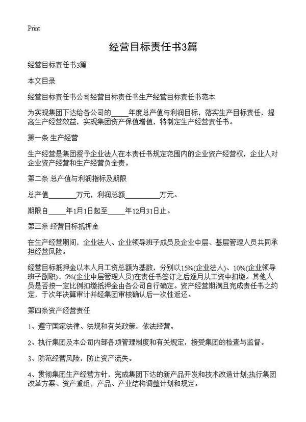 经营目标责任书3篇