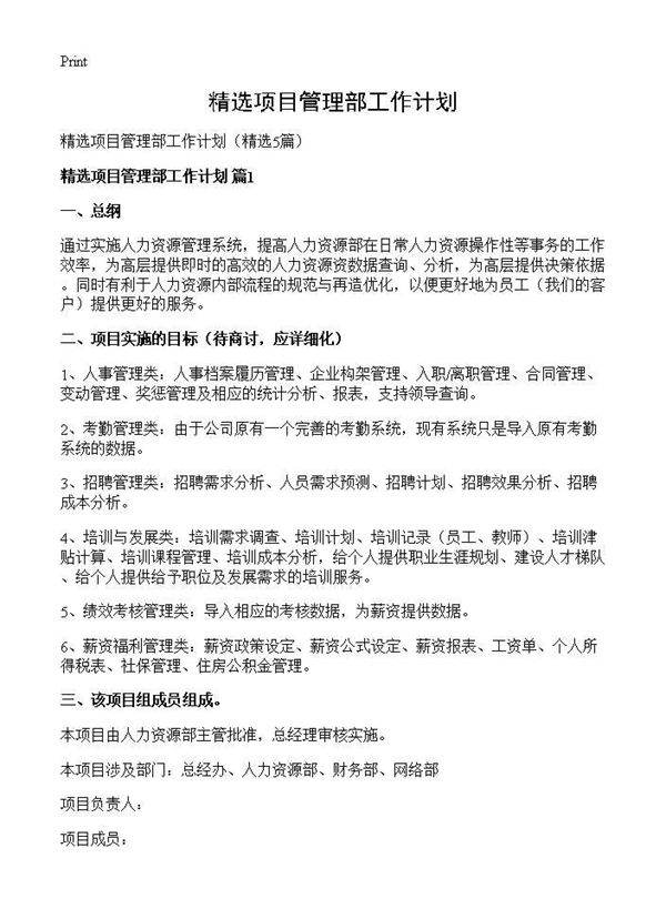 精选项目管理部工作计划5篇