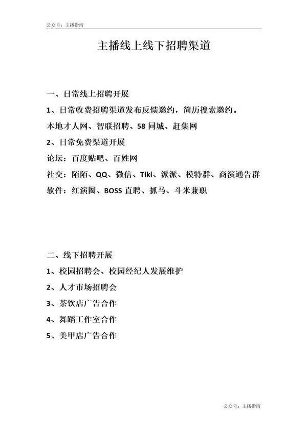 主播线上线下招聘渠道