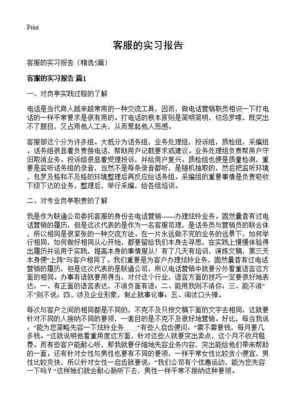 客服的实习报告5篇