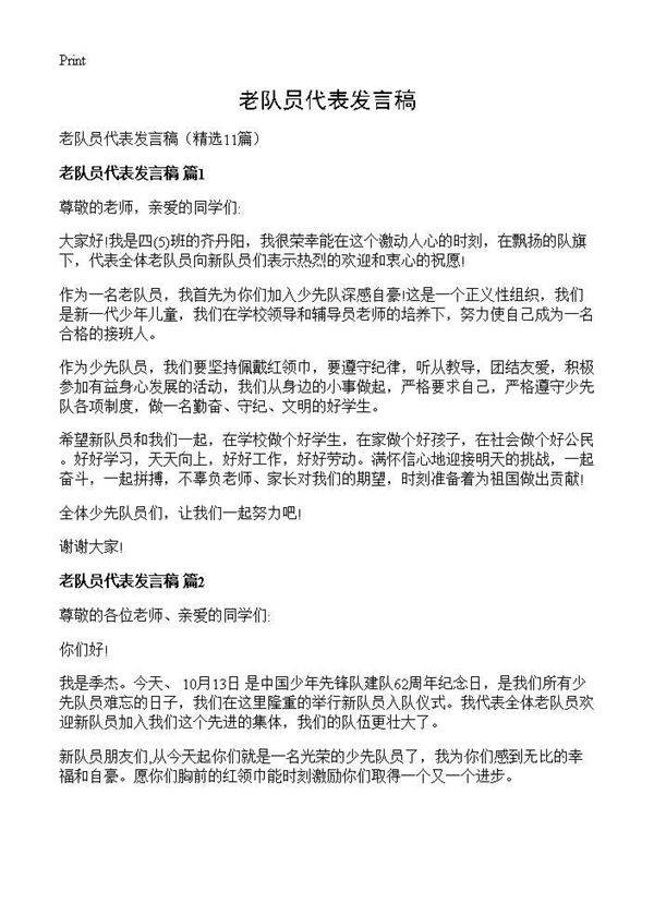 老队员代表发言稿11篇