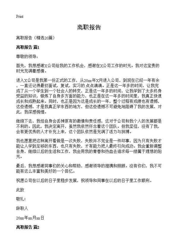 离职报告20篇