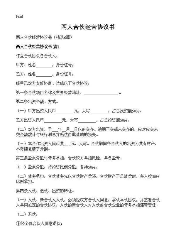 两人合伙经营协议书6篇