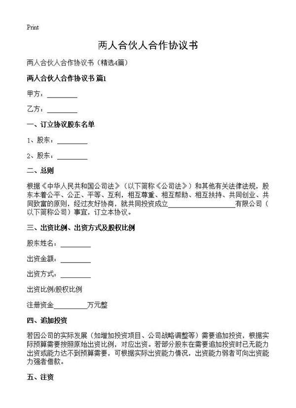 两人合伙人合作协议书4篇