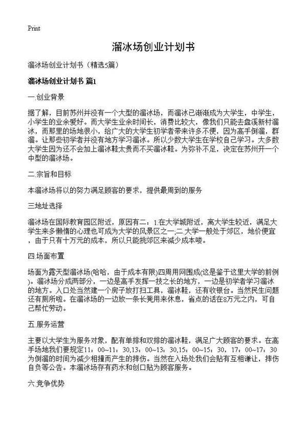 溜冰场创业计划书5篇