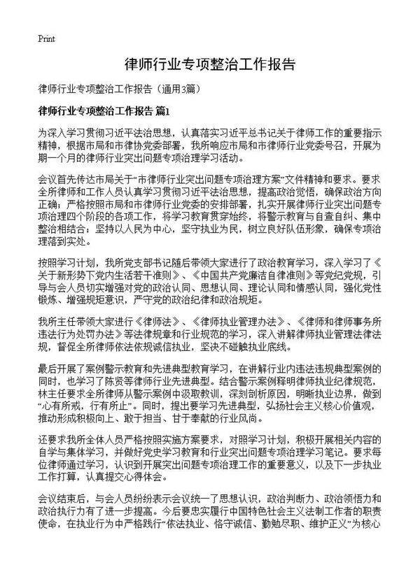 律师行业专项整治工作报告3篇