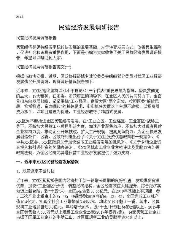民营经济发展调研报告