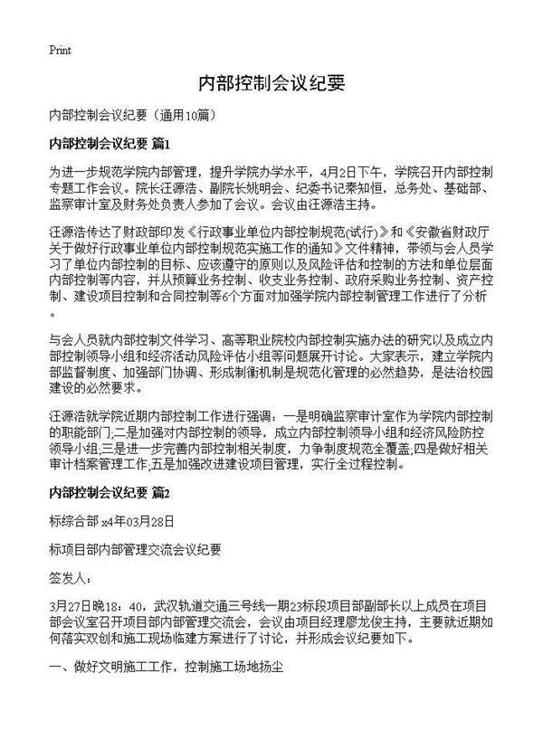 内部控制会议纪要10篇