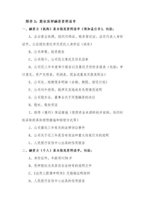 股权质押融资材料清单