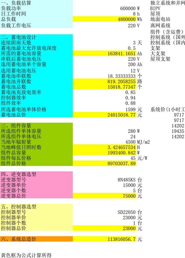 光伏独立系统造价计算(储能)
