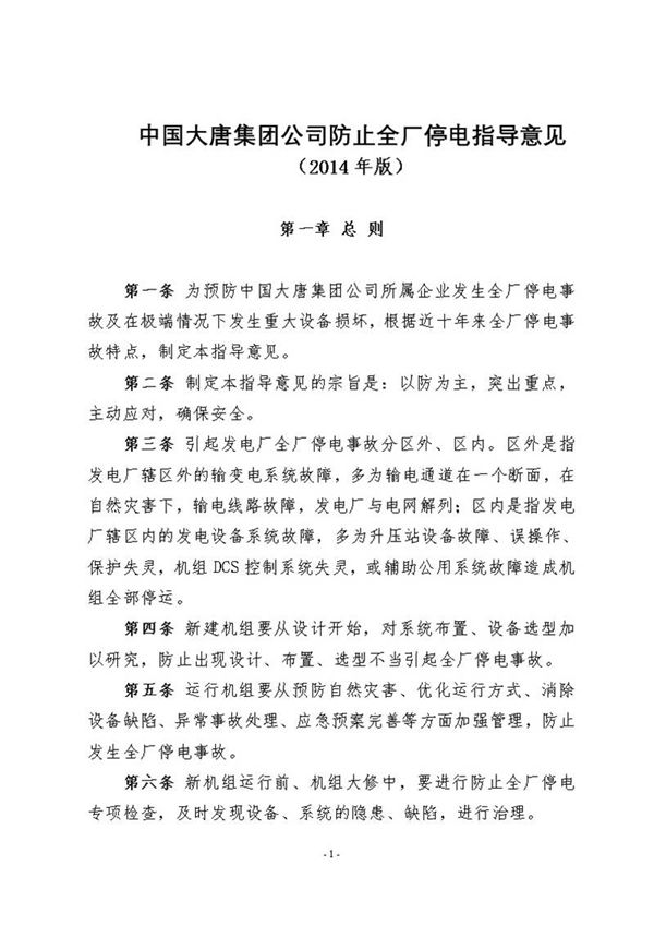 中国大唐集团公司防止全厂停电指导意见