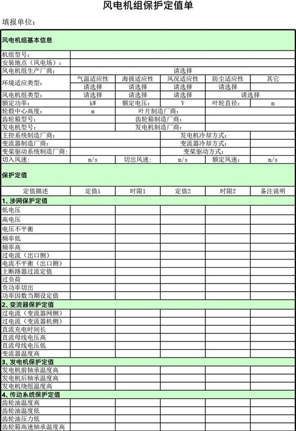 风电机组保护定值单