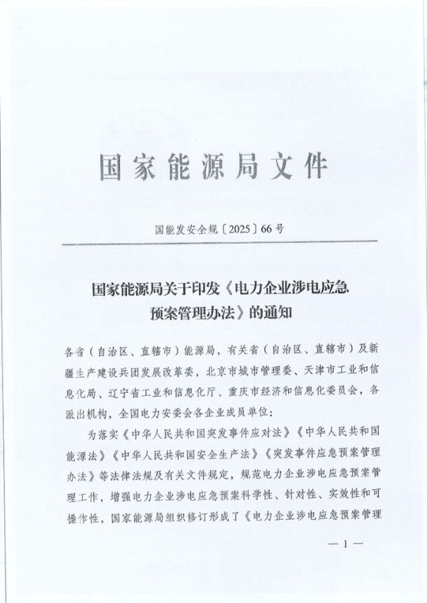 《电力企业涉电应急预案管理办法》(国能发安全规202566号)