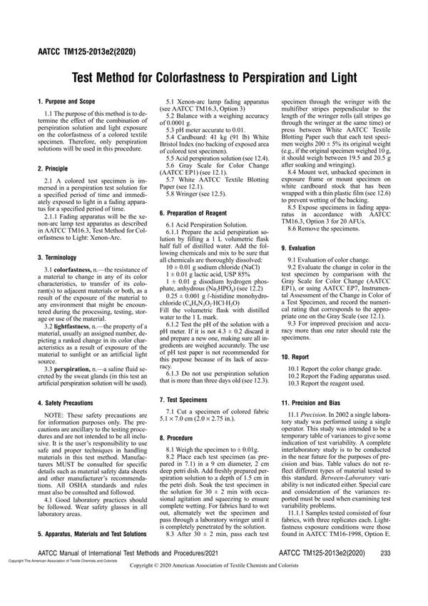 AATCC 125-2020 Test Method for Colorfastness to Perspiration and Light