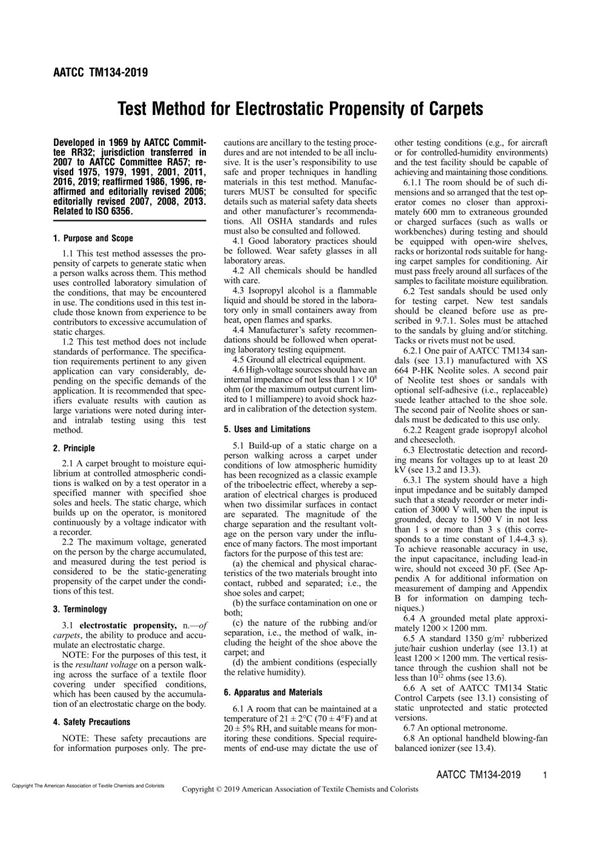 AATCC 134-2019 Test Method for Electrostatic Propensity of Carpets