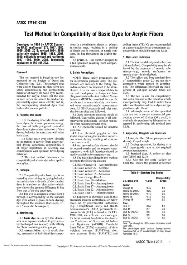 AATCC 141-2019 Test Method for Compatibility of Basic Dyes for Acrylic Fibers