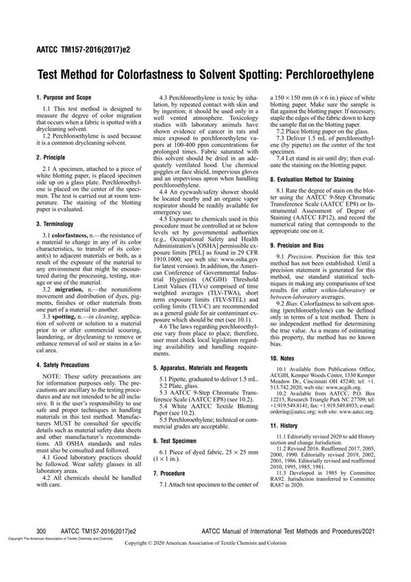 AATCC 157-2017(E2020) Test Method for Colorfastness to Solvent Spotting Perchloroethylene
