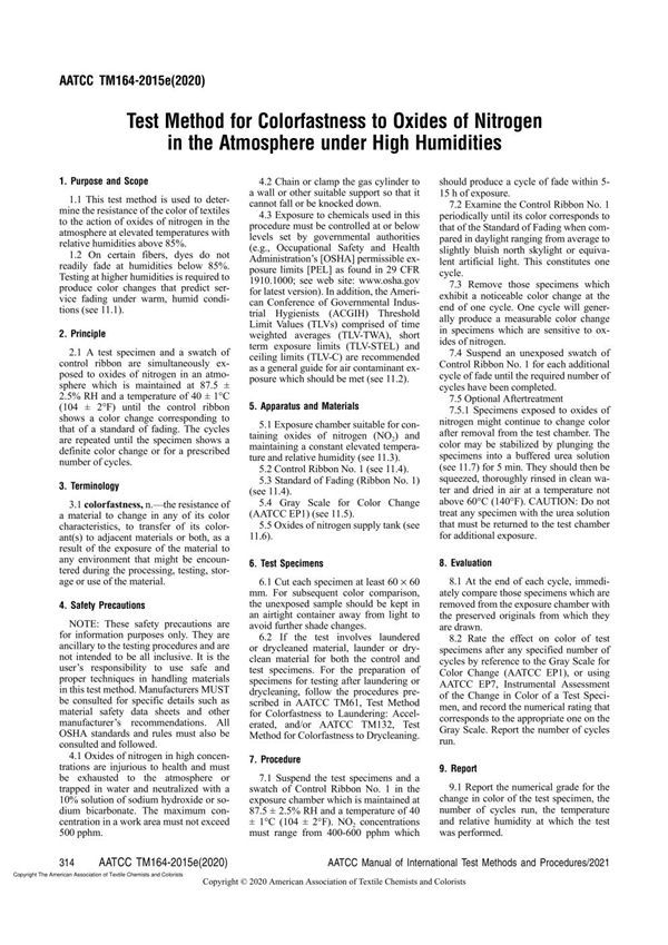 AATCC 164-2020 Test Method for Colorfastness to Oxides of Nitrogen in the Atmosphere under High Humi