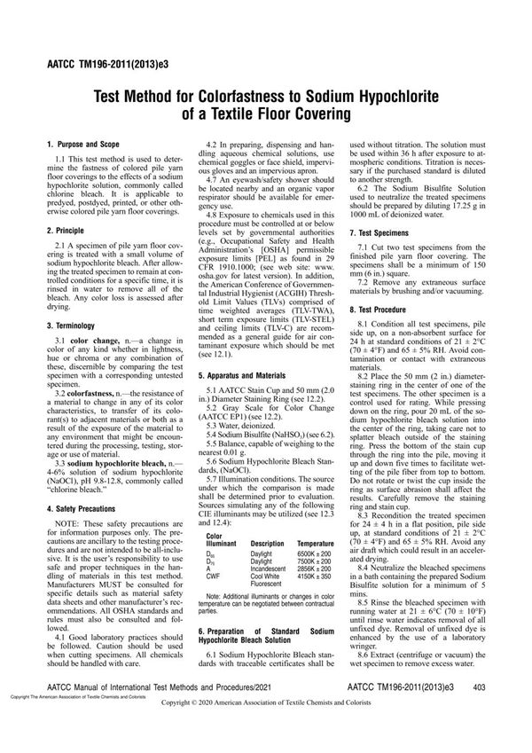 AATCC 196-2013(E2019) Test Method for Colorfastness to Sodium Hypochlorite of a Textile Floor Coveri