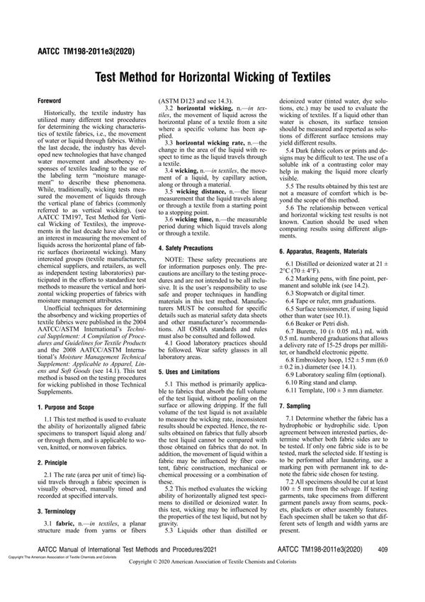 AATCC 198-2020 Test Method for Horizontal Wicking of Textiles