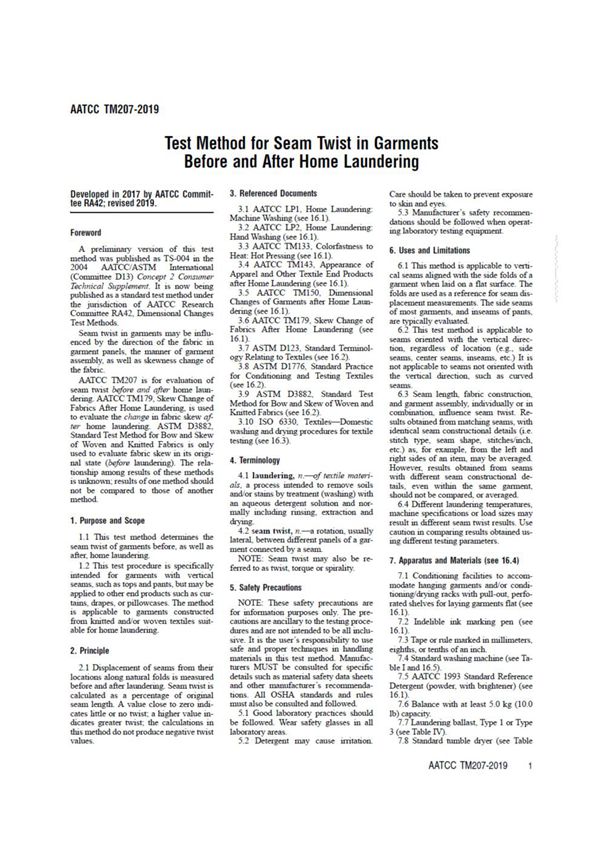 AATCC 207-2019 Test Method for Seam Twist in Garments Before and After Home Laundering