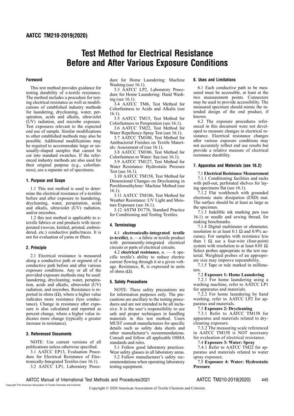 AATCC 210-2020 Test Method for Electrical Resistance Before and After Various Exposure Conditions