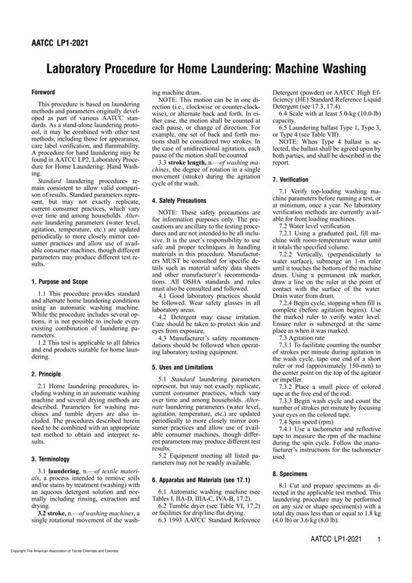 AATCC LP1-2021 Laboratory Procedure for Home Laundering Machine Washing