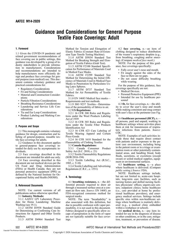 AATCC M14-2020 Guidance and Considerations for General Purpose Textile Face Coverings  Adult