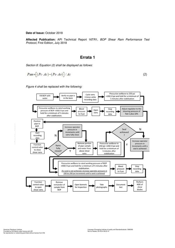 API TR 16TR1-2018 BOP Shear Ram Performance Test Protocol (FIRST EDITION; ERTA 1 October 2018)