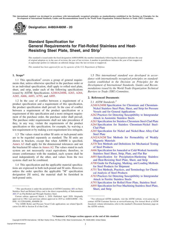 ASTM A480 A480M-20 扁平轧制耐热钢厚板材 薄板材和带材通用要求规范
