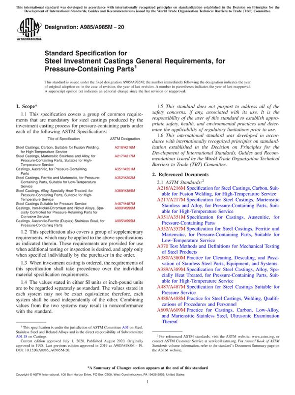 ASTM A985 A985M-20 压力控制元件用钢熔模制造铸件一般要求的标准规范