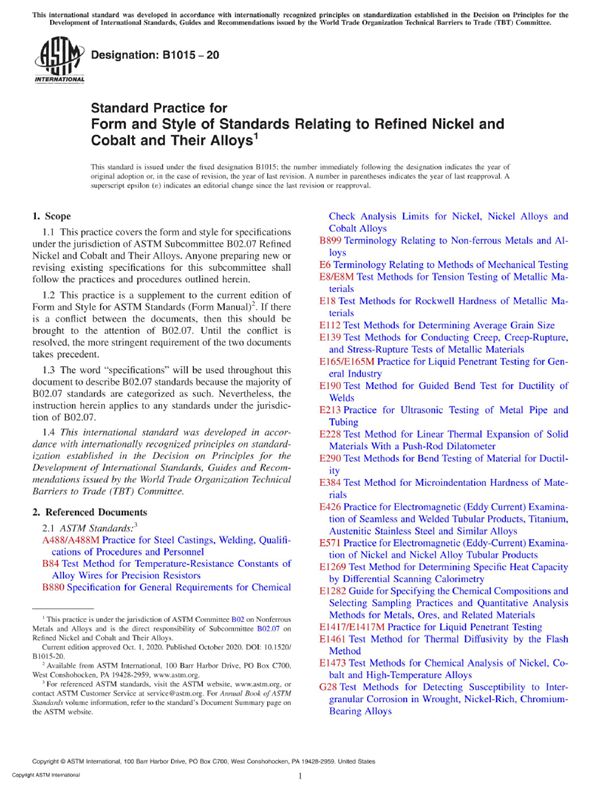ASTM B1015-20 精制镍钴及其合金标准的形式和样式的标准实施规程
