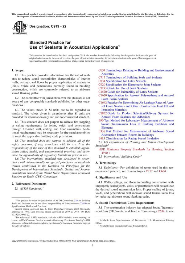 ASTM C919-2022 声学设备中密封料使用的标准实施规范