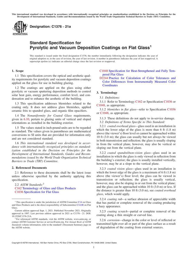 ASTM C1376-21a 平板玻璃上的热解和真空沉积涂层标准规范