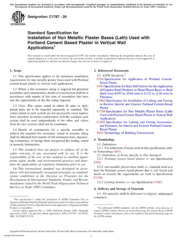 ASTM C1787-20 垂直墙体中与硅酸盐水泥基一起使用的非金属石膏基安装标准规范