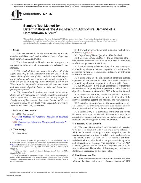ASTM C1827-20 测定水泥基混合物的引气剂需求量的标准试验方法
