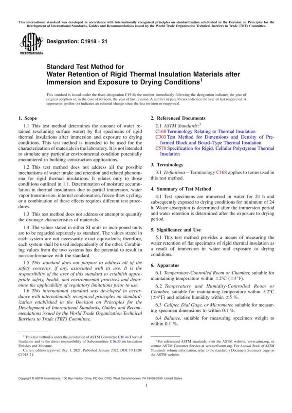 ASTM C1918-21 浸没和暴露于干燥条件后刚性隔热材料保水性的标准试验方法