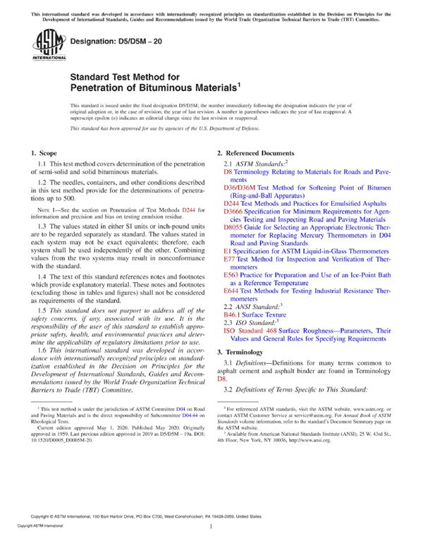 ASTM D5 D5M-20 沥青材料渗透性的标准试验方法