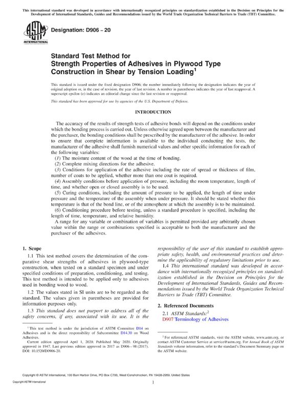 ASTM D906-20 胶合板类型结构中通过张力加载剪切的粘合剂的强度性能的标准测试方法